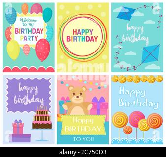 Happy Birthday Collection set of invitation cards greeting templates, to the party. Vector banners with confetti, teddy bear, cake, balloons, candy and gifts Stock Vector