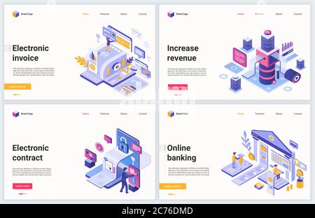 Isometric online account banking technology vector illustration. Creative modern concept banner set, website design with cartoon 3d tech bank accounting service, electronic money invoice and contracts Stock Vector