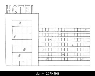 Hotel building exterior front view graphic black white sketch illustration vector Stock Vector