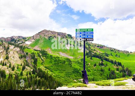 Albion Basin, Utah summer with ski or hiking trail directional signs for way bluebell race hill and vail ridge in rocky Wasatch mountains Stock Photo