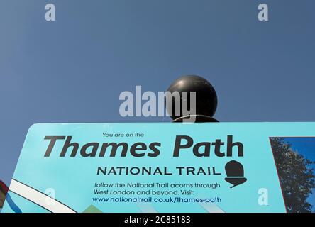 section of a welcome board and map showing the thames path national trail and points of local interest in brentford and kew, west london, england Stock Photo