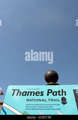 section of a welcome board and map showing the thames path national trail and points of local interest in brentford and kew, west london, england Stock Photo