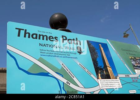 welcome board and map showing the thames path national trail and points of local interest on the riveside in brentford and kew, west london, england Stock Photo