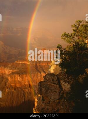 GRAND CANYON NATIONAL PARK, AZ / JULY A storm wrought rainbow arcs over O'Neill Butte viewed from Yavapai Point on the south rim. Stock Photo