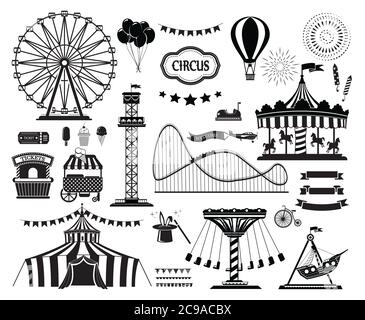 Set of silhouette icons of circus, amusement park. Carnival parks carousel attraction, fun rollercoaster and ferris wheel attractions. Stock Vector