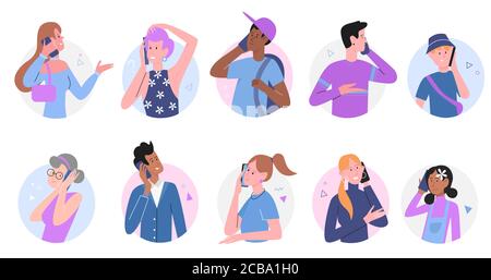 People talk on phone vector illustration set. Cartoon flat happy talking characters collection with young man woman in friendly or family telephone communication, cellphone call isolated on white Stock Vector