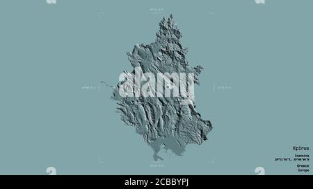 Area of Epirus, decentralized administration of Greece, isolated on a solid background in a georeferenced bounding box. Labels. Colored elevation map. Stock Photo