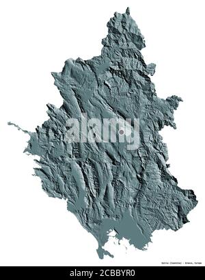 Shape of Epirus, decentralized administration of Greece, with its capital isolated on white background. Colored elevation map. 3D rendering Stock Photo