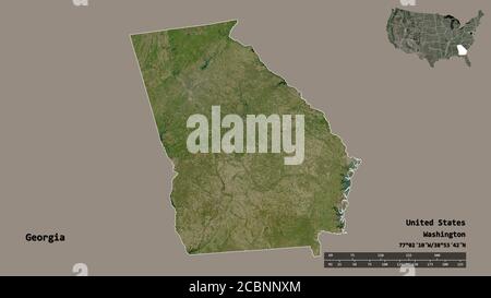 Shape of Georgia, state of Mainland United States, with its capital isolated on solid background. Distance scale, region preview and labels. Satellite Stock Photo