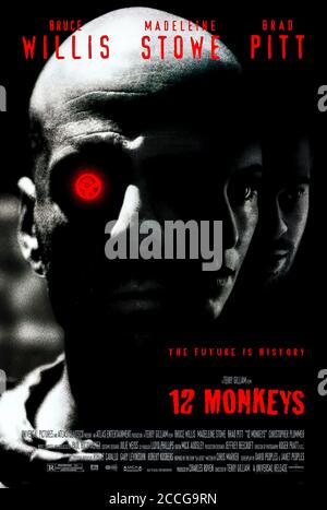 Twelve Monkeys (1995) directed by Terry Gilliam and starring Bruce Willis, Madeleine Stowe, Brad Pitt and Jon Seda. A prisoner from 2035 travels back in time to try and prevent the outbreak of virus that wipes out most of mankind. Stock Photo