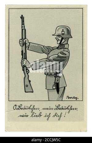 German historical postcard: Smiling Wehrmacht soldier, with a Karabiner 98k in full gear, steel helmet, satirical series, artist Barlog, Germany, 1939 Stock Photo