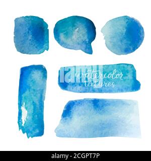 Watercolor backgrounds set. Collection of blue watercolor textures with brush strokes. Watercolor stains isolated on white background. Vector Stock Vector