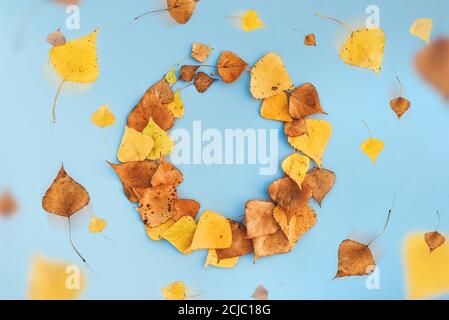 Round frame made of autumn leaves, leaf fall swirls around Stock Photo