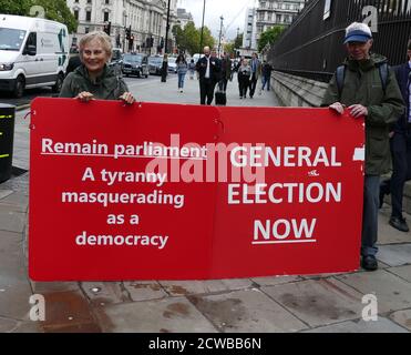 Pro-Brexit placard on display outside Parliament, London, September 2019. Brexit was the scheduled withdrawal of the United Kingdom (UK) from the European Union (EU). Following a June 2016 referendum, in which 51.9% of participating voters voted to leave, the UK government formally announced the country's withdrawal in March 2017, starting a two-year process that was due to conclude with the UK withdrawing on 29 March 2019. As the UK parliament thrice voted against the negotiated withdrawal agreement, that deadline has been extended twice, and is currently 31 October 2019. Stock Photo