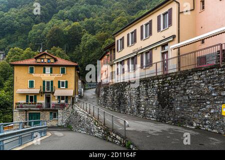 The restaurant of Guerino Pifaretti is quite prominent above the last switchback that takes you to the village. Road cyclists often stop here. The osteria also has many regulars who come up from the valley. Impressions in the Ticino Muggio Valley, Breggia, Switzerland Stock Photo