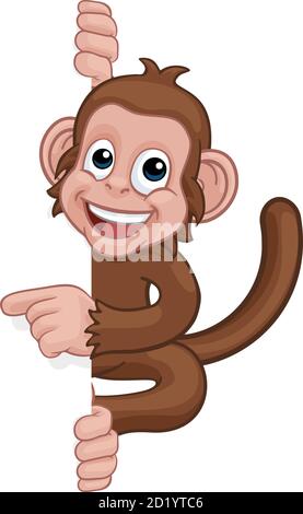 Monkey Cartoon Character Animal Pointing At Sign Stock Vector