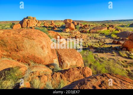 Panoramic aerial view of giant granite boulders at Karlu Karlu or Devils Marbles in Northern Territory, Australia near Tennant Creek Stock Photo