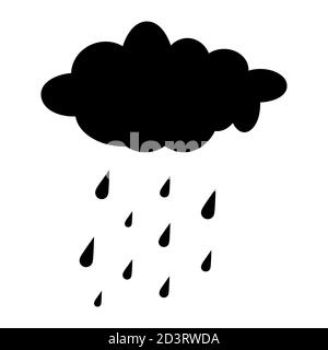 Rain cloud silhouette isolated on white. Cartoon, autumnal forecast clipart with water drops. Illustration of rainy cumulus with droplets falling down Stock Vector