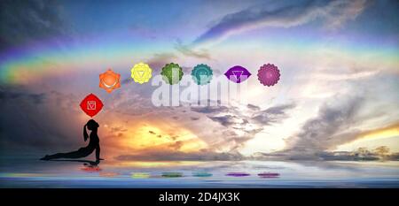 Spiritual background with chakras, human silhouette and sacred geometry Stock Photo