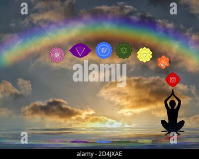 Spiritual background with chakras, human silhouette and sacred geometry Stock Photo