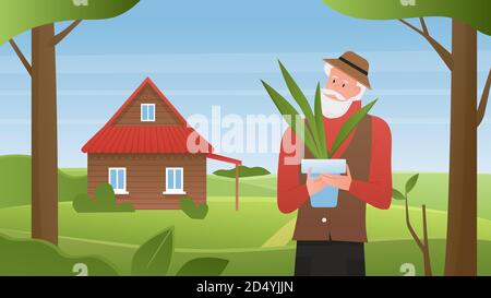 Farm house summer landscape vector illustration. Cartoon old gardener character holding green houseplant in pot, elderly farmer standing in green house garden, countryside village scenery background Stock Vector