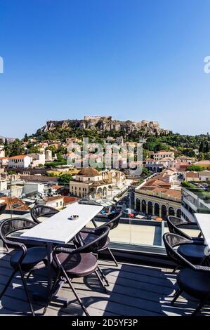 Greece, Athens, Monasteraki square and Acropolis in the background, seen from restaurant Stock Photo