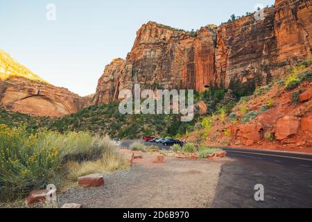 Zion, Utah/USA - October 11, 2020  Scenic red rock asphalt road running through Zion National Park, Utah Stock Photo