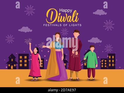 vector illustration of Hindu family celebrating on Happy Diwali Indian holiday background. Stock Vector