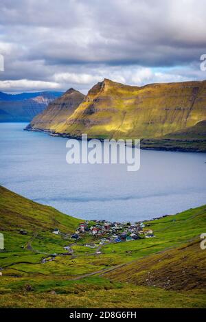 Panorama of mountains around village of Funningur on Faroe Islands Stock Photo