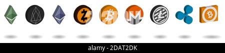 top 9 main cryptocurrency logos in 3D colors Stock Vector