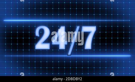 24 hours 7 days sign with graphic elements - neon style in blue color on black background Stock Photo