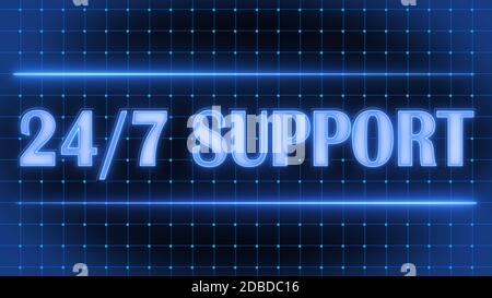 24 hours 7 days sign with lettering SUPPORT and graphic elements - neon style in blue color on black background Stock Photo