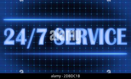 24 hours 7 days sign with lettering SERVICE and graphic elements - neon style in blue color on black background Stock Photo