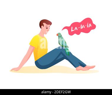 Vector illustration of young man is communicating with parrot, best pet friends. Guy is sitting and listening the parrot singing, take care about bird Stock Vector