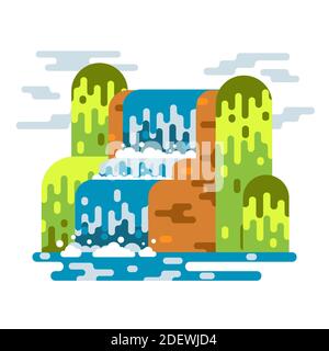 Waterfall landscape. Mountain river with cascade. Vector flat cartoon illustration isolated on white background. Stock Vector