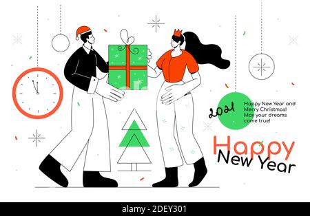 Happy New Year - flat design style web banner with line elements and copy space for text. A composition with a cute couple, boy and girl giving presen Stock Vector