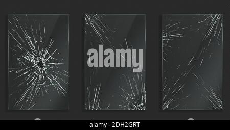 Broken glass with cracks and hole from impact or bullet. Vector realistic set of rectangle clear acrylic or plexiglass frames with crashed texture, white scratches and breaks Stock Vector