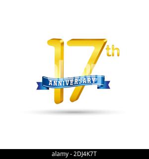 17th golden Anniversary logo with blue ribbon isolated on white background. 3d gold Anniversary logo Stock Vector