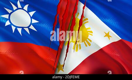 Taiwan and Philippines flags with scar concept. Waving flag,3D rendering. Taiwan and Philippines conflict concept. Taiwan Philippines relations concep Stock Photo