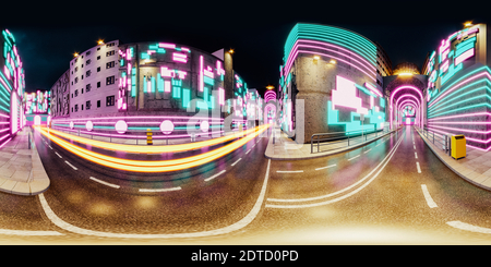 360 degree panoramic view of Night futuristic  cyberpunk city after rain with neon lights and glowing windows