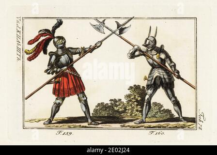 Two knights in armor on foot fighting a duel with halberds in a tourney. The knight at left wears a crimson skirt over his plate armor and a helmet with red, black and yellow plumes 159, the knight at right wears a suit of armour with helmet 160. Copied from the Weisskunig of Maximilian I. Handcolored copperplate engraving from Robert von Spalart's Historical Picture of the Costumes of the Principal People of Antiquity and Middle Ages, Vienna, 1802. Stock Photo