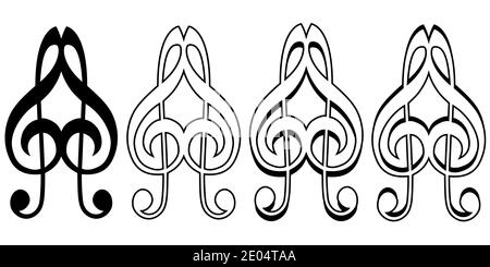 Logo musical love sign icon two treble keys form a heart, vector logo music lover heart from a treble key Stock Vector