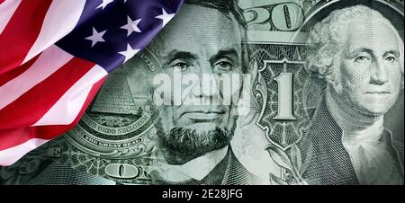 Collage of Dollar bills elements and American flag. Stock Photo