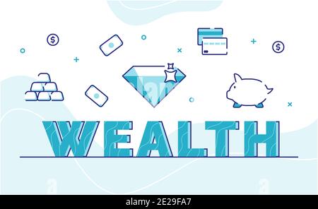 wealth typography word art background of icon gold money diamond credit card piggy bank with outline style vector design illustration Stock Photo