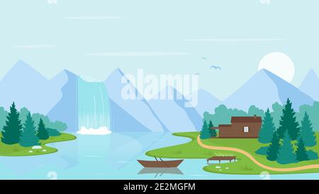 Waterfall river landscape vector illustration. Cartoon wild land nature scenery with stream of water falling from mountain into river or lake, boat and house on shore. Ecotourism concept background Stock Vector