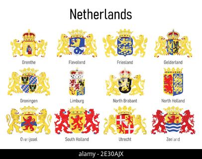 Coat of arms of the province of Netherlands, All Dutch regions emblem collection Stock Vector