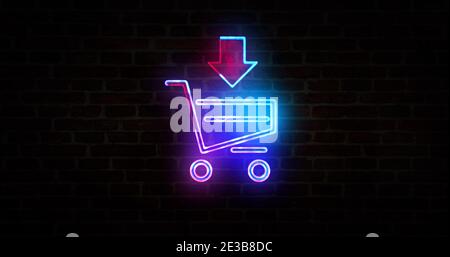 Shopping cart symbol, store, shop, business, retail and market neon sign on brick wall. Abstract 3d rendering concept illustration. Stock Photo