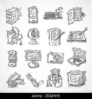 Digital devices sketch set with mobile phone tablet monitor video camera isolated vector illustration Stock Vector