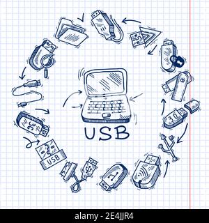 Usb and computer sketch decorative icons set on squared paper background vector illustration Stock Vector