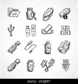 Usb drive computer information technology decorative icons sketch set isolated vector illustration Stock Vector